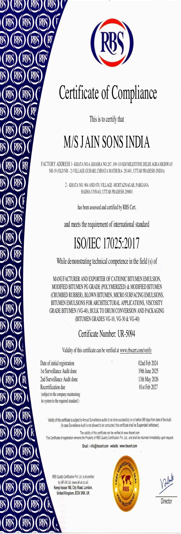 ISO/IEC 17025 Laboratory Technical Competence Certificate